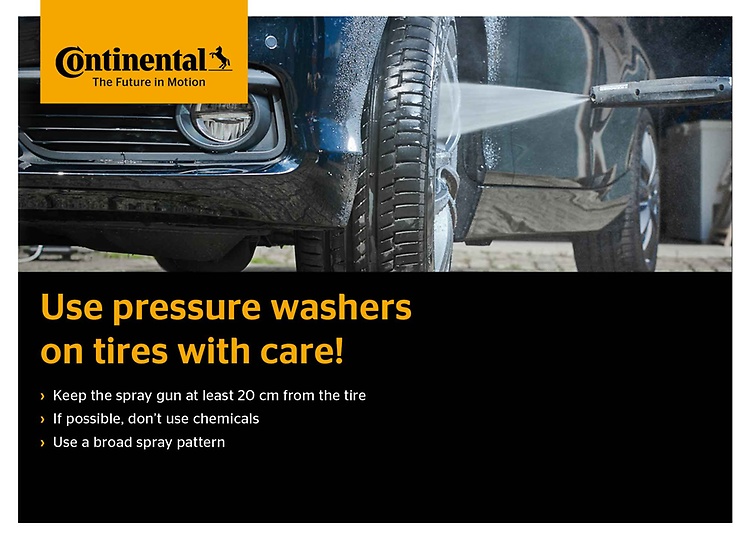 Use pressure washers on tyres with care
